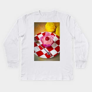 Pink Cupcake On Checker Plate With Yellow Mums Kids Long Sleeve T-Shirt